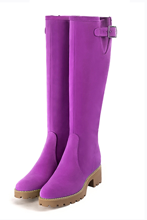 Mauve purple women's knee-high boots with buckles.. Made to measure. Front view - Florence KOOIJMAN